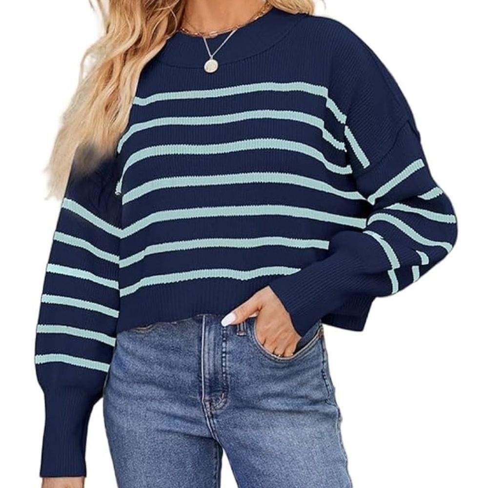 Merokeety Womens XL Striped Crewneck Sweater Navy Blue Mint Green Cropped Knit